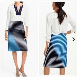J. Crew A-Line Colorblock Striped Skirt SZ 4 Blue White Zip Back Lined Work